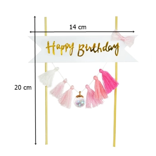 Topper girlanda ozdoby na tort napis Happy Birthday frędzle różowe dekoracje urodzinowe